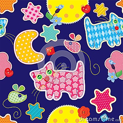 Seamless pattern - sweet dreams - cat, mouse Stock Photo