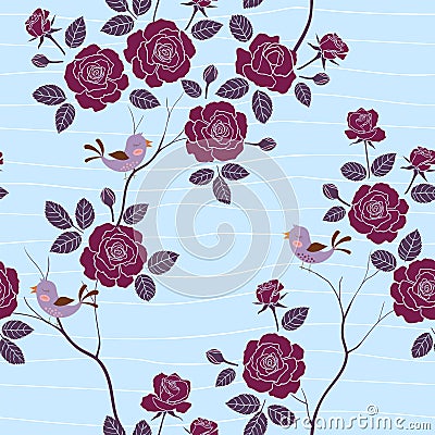 Seamless pattern with sweet garden roses on wavy soft blue background Vector Illustration