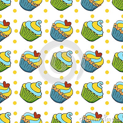 Seamless pattern with sweet pastries. Vector illustration. Cute muffins, cupcakes. Polka dot background Vector Illustration