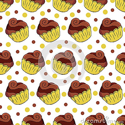 Seamless pattern with sweet pastries. Vector illustration. Cute muffins, cupcakes. Polka dot background Vector Illustration