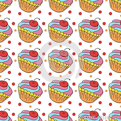 Seamless pattern with sweet pastries. Vector illustration. Lovely spring muffins, cupcakes Vector Illustration