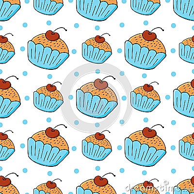 Seamless pattern with sweet pastries. Vector illustration. Lovely spring muffins, cupcakes. Polka dot Vector Illustration