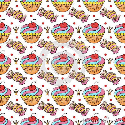 Seamless pattern with sweet pastries. Vector illustration. Lovely spring muffins. Polka dot background Vector Illustration