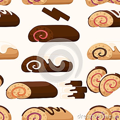 Seamless pattern. Sweet roll cake. Chocolate swiss roll. Collection of cakes. Flat vector illustration on white background Cartoon Illustration