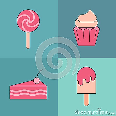 Seamless pattern, sweet set of desserts, ice cream, cupcake and candy. Vector in line and flat style Stock Photo