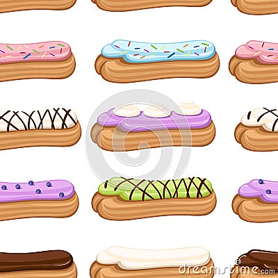 Seamless pattern. Sweet and yummy cream eclair dessert. Choux pastry filled with cream. Flat illustration on white Cartoon Illustration