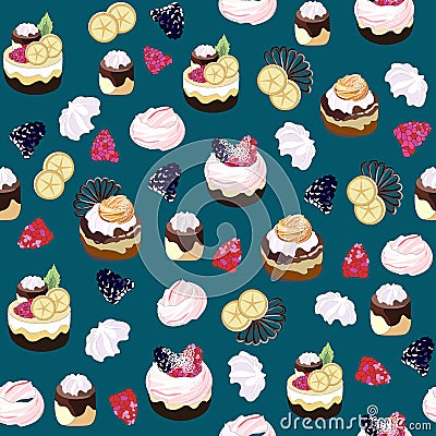 Seamless pattern with sweets. Cakes, muffins, pastries with cream, cakes, berries, marshmallows, chocolate on a blu background. Vector Illustration