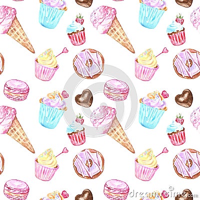 Seamless pattern with sweets dessert - ice cream in a cone, cupcakes, donuts, macarons in pastel colors. Stock Photo