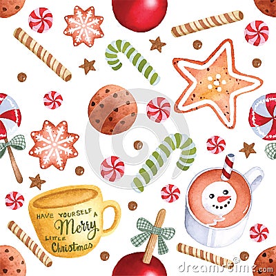 Tasty sweet Christmas seamless pattern ginger cookie on white background Vector Illustration