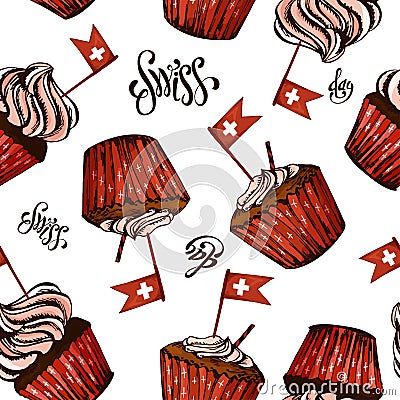 Seamless pattern for Swiss national day. Independence day background with sweets and lettering. Vector illustration Vector Illustration