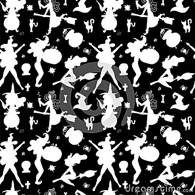 Seamless Pattern, Symbols Halloween Holiday, White witche Silhouettes on black Background. Vector simple flat backdrop Vector Illustration
