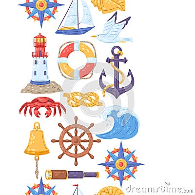 Seamless pattern with symbols and items. Marine cute background. Vector Illustration