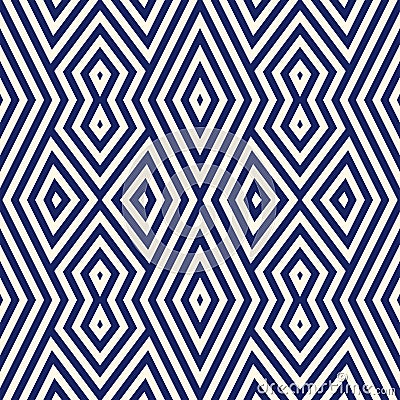 Seamless pattern with symmetric geometric ornament. Striped navy blue abstract background. Repeated triangles wallpaper. Vector Illustration
