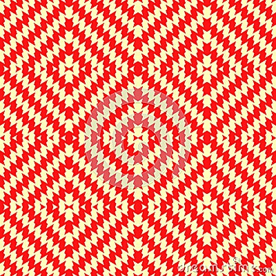 Seamless pattern with symmetric wavy rhombuses ornament. Red color jagged stripes on yellow background. Aztec motif. Vector Illustration