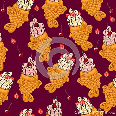 Seamless pattern with taiyaki ice cream with cherries and strawberries. Vector graphics Stock Photo