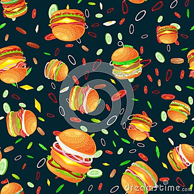 Seamless pattern tasty burger grilled beef and fresh vegetables dressed with sauce bun for snack, american hamburger Vector Illustration