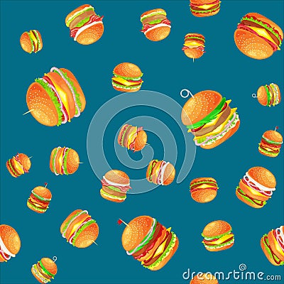 Seamless pattern tasty burger grilled beef and fresh vegetables dressed with sauce bun for snack, american hamburger Vector Illustration