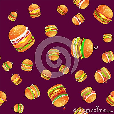 Seamless pattern tasty burger grilled beef and fresh vegetables dressed with sauce bun for snack, american hamburger Vector Illustration