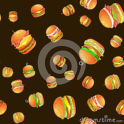 Seamless pattern tasty burger grilled beef and fresh vegetables dressed with sauce bun for snack, american hamburger Vector Illustration