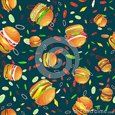 Seamless pattern tasty burger grilled beef and fresh vegetables dressed with sauce bun for snack, american hamburger Vector Illustration