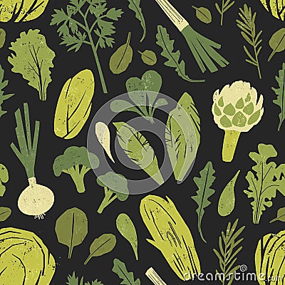 Seamless pattern with tasty green plants, salad leaves and spice herbs on black background. Backdrop with fresh Vector Illustration