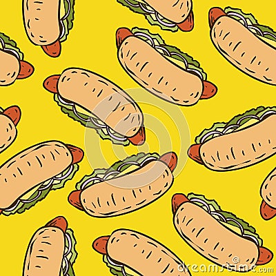 Seamless Pattern with Tasty Hot Dog Vector Illustration