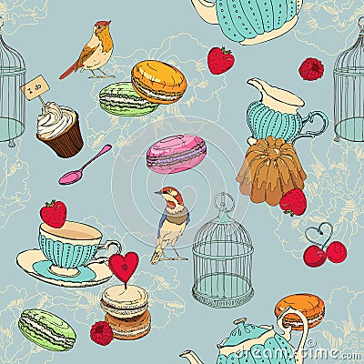 Seamless pattern with tea, cage, coffee pot, cup, jelly, cherry, berry, macaroon, strawberry, spoon, bird, flower, peony Vector Illustration