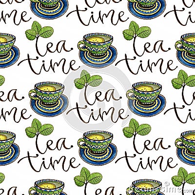 Seamless pattern with tea cups and calligraphy decoration. Watercolor texture for menu or wrapping design. Stock Photo