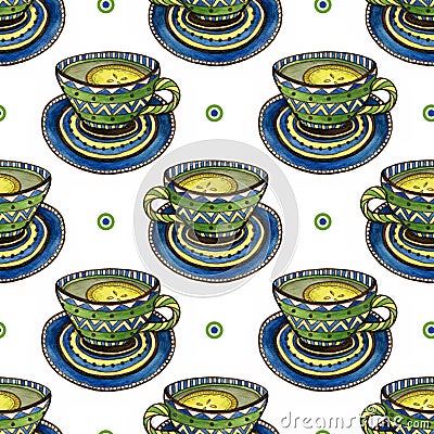 Seamless pattern with tea cups and calligraphy decoration. Watercolor texture for menu or wrapping design Stock Photo