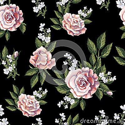 Seamless pattern with tea roses bouquet on black background. Vector illustration. Vector Illustration