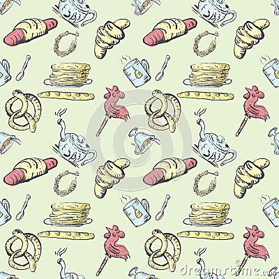 Seamless pattern tea set and pastries and sweets 3 Vector Illustration