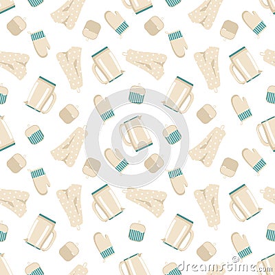 Seamless pattern with teapot, pot holders and towels Vector Illustration