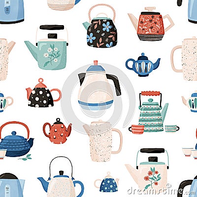 Seamless pattern with teapots and cups hand drawn on white background. Kitchen crockery for wallpaper or wrapping Vector Illustration