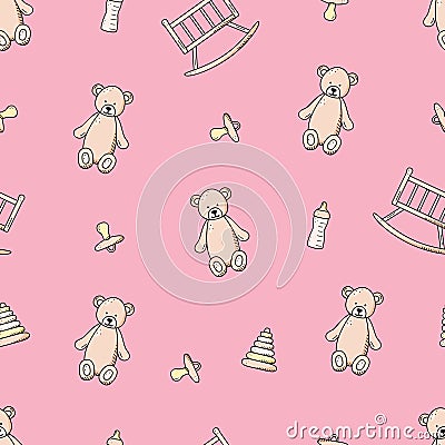 Seamless pattern teddy bear, cradle and rattles. Vector illustration background wallpaper concept of a newborn or small Vector Illustration