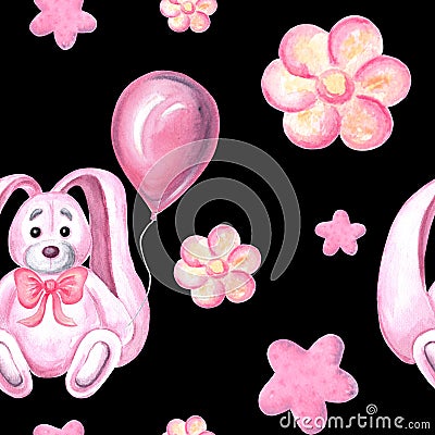 Seamless pattern of teddy bunny with pink balloon, stars and flowers Watercolor hand drawn illustration for various Cartoon Illustration