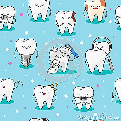 Teeth background .Seamless pattern with teeth. Vector baby illustration. Dental cute pattern. Fabric design for Vector Illustration