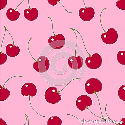 Seamless pattern. Red cherries on a pink background. Vector Illustration