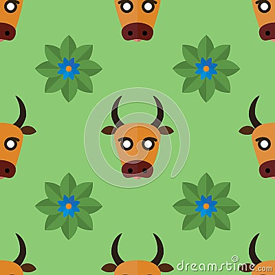 Seamless pattern for textiles with cows and flowers on a light, green background. Vector illustration in flat style Vector Illustration