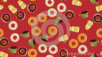 Seamless pattern, texture donuts of hot sugary caramel chocolate and a cup of hot quick strong morning coffee Vector Illustration