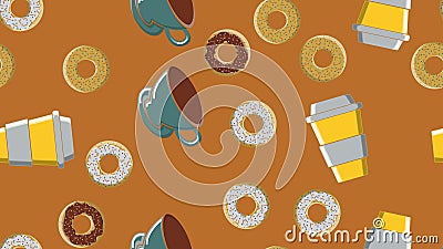 Seamless pattern, texture donuts of hot sugary caramel chocolate and a cup of hot quick strong morning coffee Vector Illustration