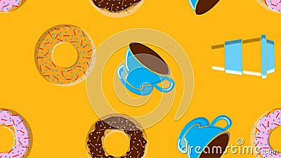 Seamless pattern, texture from different round sweet tasty donuts to hot sugary caramel chocolate and a cup of hot quick Vector Illustration