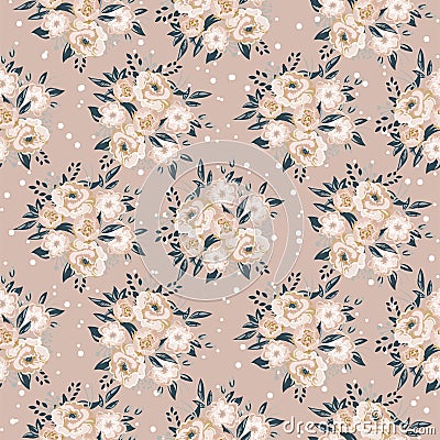 Seamless pattern texture with floral bouquet beige background. Vector Illustration