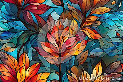 seamless pattern with the texture of multicolored floral stained glass window on background with flowers Stock Photo