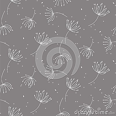 Seamless pattern texture with outline dandelions on gray background. Vector Illustration