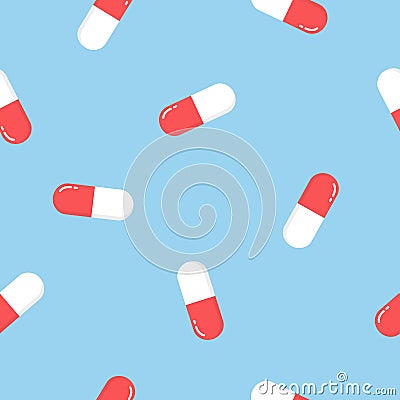 Seamless pattern texture of red oval white and red medical pharmaceutical pills capsules with medicine, drugs, vitamins Vector Illustration