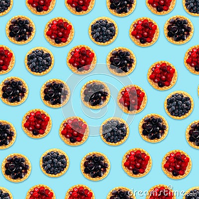 Seamless pattern, texture.Tasty tartlets with different berries,cranberries,bilberry,blackcurrant . Berry tartlets. Cake with Stock Photo