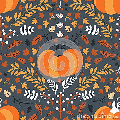 Seamless pattern for thanksgiving celebration. Vector of hand drawn illustration with ripe pumpkin and leaves arranged in vintage Cartoon Illustration