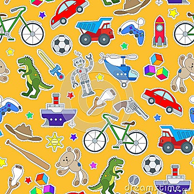 Seamless illustration on the theme of childhood and toys, toys for boys, patch icons on orange background Vector Illustration