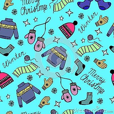 seamless pattern on the theme of Christmas and winter, sweater, mittens, hat, boots, socks Stock Photo