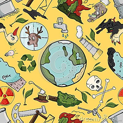 Seamless pattern on the theme of ecology the pollution of the ea Vector Illustration